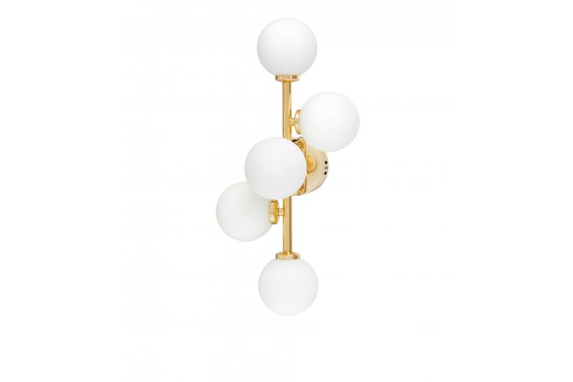 Applique lampada da parete moderno di design in metallo colore oro con 5 luci a sfera in vetro bianco MARSIADA W5