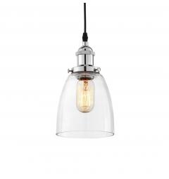 Lampada design a sospensione con paralume a forma vaso in vetro trasparente, attacco al soffitto in metallo cromato
