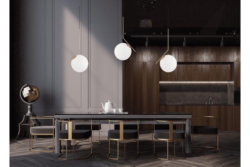 Lampadario a sospensione con sfera in vetro struttura ottone simil flos