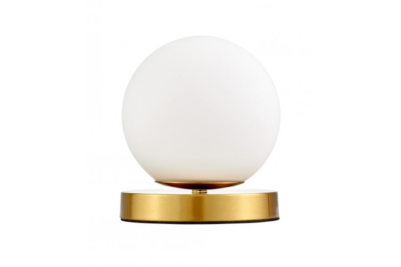 Lampada da tavolo struttura in metallo ottone e sfera bianco opaco