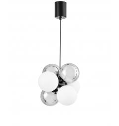 Lampada a sospensione con sfere in metallo bianco e argento struttura nera 20 punti luce design moderno