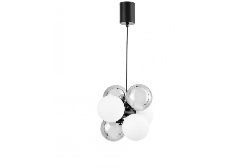 Lampada a sospensione con sfere in metallo bianco e argento struttura nera 20 punti luce design moderno