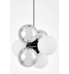 Lampada a sospensione con sfere in metallo bianco e argento struttura nera 20 punti luce design moderno