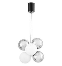 Lampada a sospensione con sfere in metallo bianco e argento struttura nera 20 punti luce design moderno