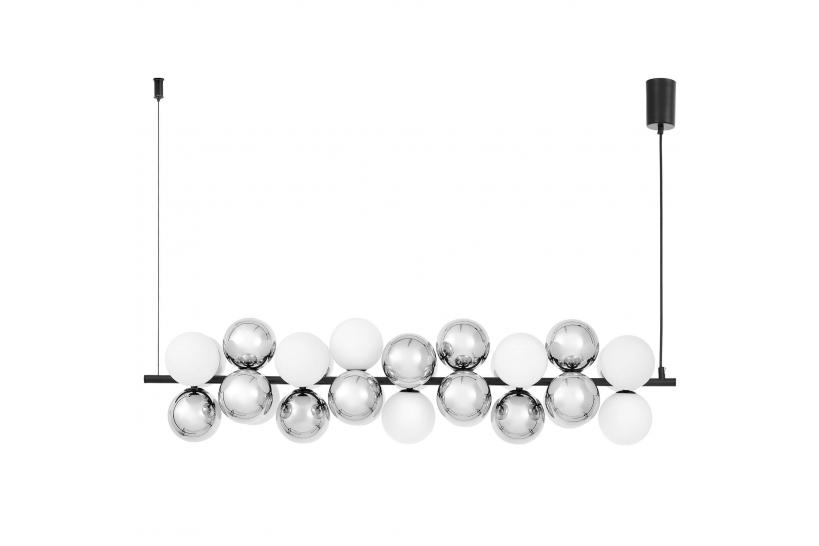 Lampadario a sospensione di design moderno 9 luci a sfere in vetro bianco e argento struttura in metallo nero