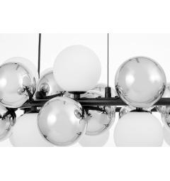 Lampadario a sospensione design moderno struttura circolare in metallo nero 14 punti luce a sfera bianco e argento