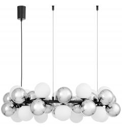 Lampadario a sospensione design moderno struttura circolare in metallo nero 14 punti luce a sfera bianco e argento