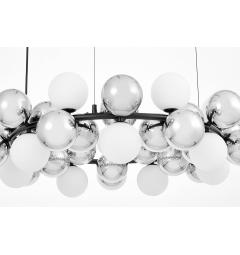 Lampadario a sospensione design moderno struttura circolare in metallo nero 14 punti luce a sfera bianco e argento