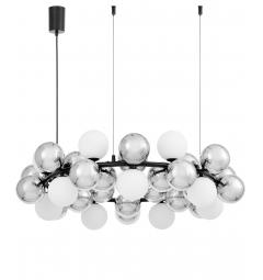 Lampadario a sospensione design moderno struttura circolare in metallo nero 14 punti luce a sfera bianco e argento