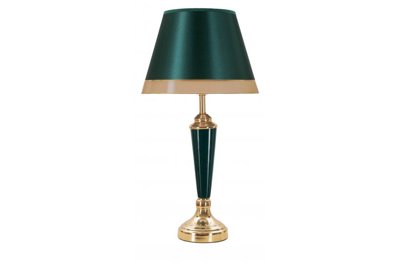 Elegante lampada da tavolo in metallo dorato con applicazioni verdi. Completa di paralume in tessuto beige con finiture dorate.