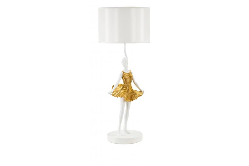 Lampada da tavolo in metallo e resina a forma di ballerina con elegante vestito dorato