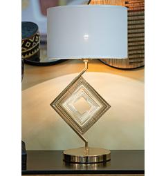 Lampada da tavolo in metallo dorato con elegante decorazione geometrica completa di paralume in tessuto bianco con bordo dorato