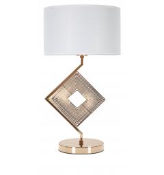 Lampada da tavolo in metallo dorato con elegante decorazione geometrica completa di paralume in tessuto bianco con bordo dorato