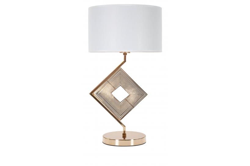 Lampada da tavolo in metallo dorato con elegante decorazione geometrica completa di paralume in tessuto bianco con bordo dorato