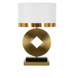 Lampada da tavolo in metallo dorato con elegante decorazione geometrica completa di paralume in tessuto bianco con bordo dorato