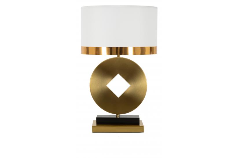 Lampada da tavolo in metallo dorato con elegante decorazione geometrica completa di paralume in tessuto bianco con bordo dorato