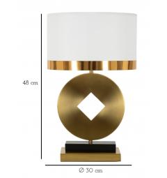 Lampada da tavolo in metallo dorato con elegante decorazione geometrica completa di paralume in tessuto bianco con bordo dorato