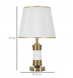 Lampada da tavolo in metallo dorato con elegante decorazione bianca e con base rotonda