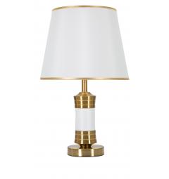 Lampada da tavolo in metallo dorato con elegante decorazione bianca e con base rotonda