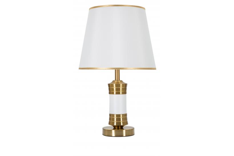 Lampada da tavolo in metallo dorato con elegante decorazione bianca e con base rotonda