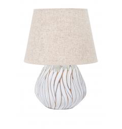 Lampada da tavolo in resina con eleganti decorazioni lineari in rilievo. Completa di paralume in tessuto beige