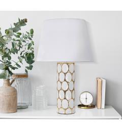 Lampada da tavolo in ceramica bianca e dorata con paralume in tessuto bianco