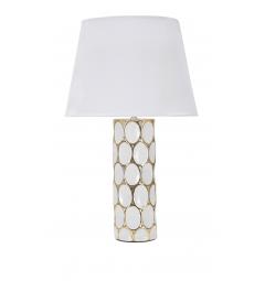 Lampada da tavolo in ceramica bianca e dorata con paralume in tessuto bianco