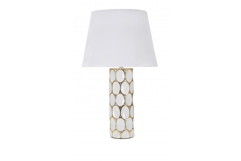 Lampada da tavolo in ceramica bianca e dorata con paralume in tessuto bianco