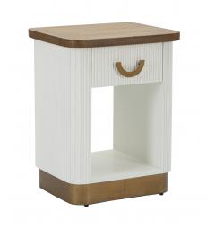 Comodino in legno bianco con piano e inserti in legno marrone dal design arrotondato