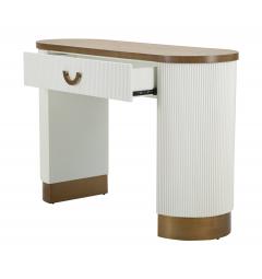 Console in legno bianco con piano e inserti in legno marrone dal design arrotondato