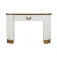 Console in legno bianco con piano e inserti in legno marrone dal design arrotondato