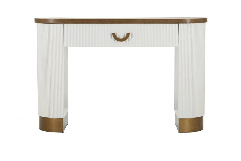 Console in legno bianco con piano e inserti in legno marrone dal design arrotondato