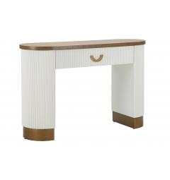 Console in legno bianco con piano e inserti in legno marrone dal design arrotondato