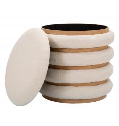 Pouf rotondo in tessuto imbottito e legno dal particolare design composto da cerchi.