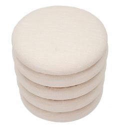 Pouf rotondo in tessuto imbottito e legno dal particolare design composto da cerchi.