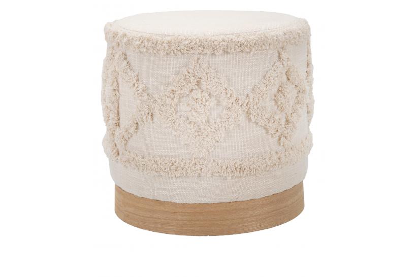 Pouf rotondo in tessuto imbottito elegantemente decorato con base in legno.