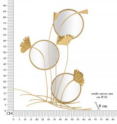 Composizione di 3 specchi rotondi cornice dorata e decorazioni composte da foglie