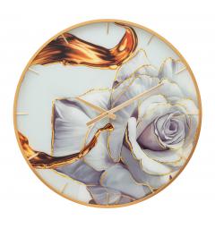 Orologio rotondo da parete con elegante cornice dorata con una rosa