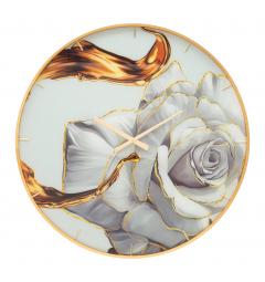 Orologio rotondo da parete con elegante cornice dorata e quadrante decorato con una rosa