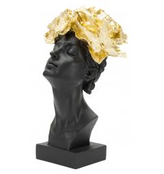 Statua a forma di testa di donna con copricapo dorato composto da foglie e farfalle