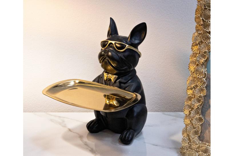 Statuetta a forma di cane con occhiali da sole e papillon dorati