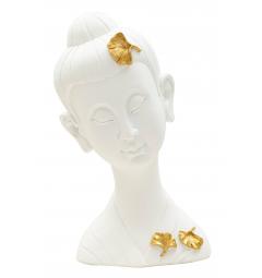 Elegante testa di buddha finemente decorata con foglie dorate