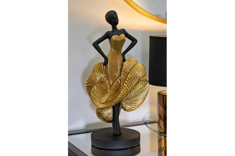 Statuetta a forma di ballerina con elegante vestito da sera dorato