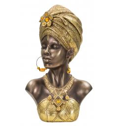 Busto di donna con turbante e vestiti che richiamano le tribù africane