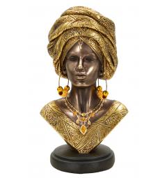 Busto di donna con turbante e vestiti che richiamano le tribù africane