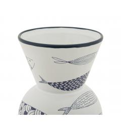 Vaso in ceramica bianca con pesci e decorazioni blu