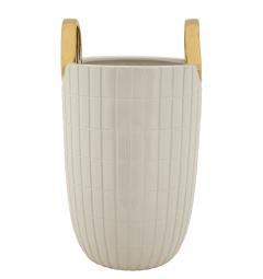 Vaso in ceramica bianca con eleganti quadretti in rilievo, impreziosito da due anelli dorati