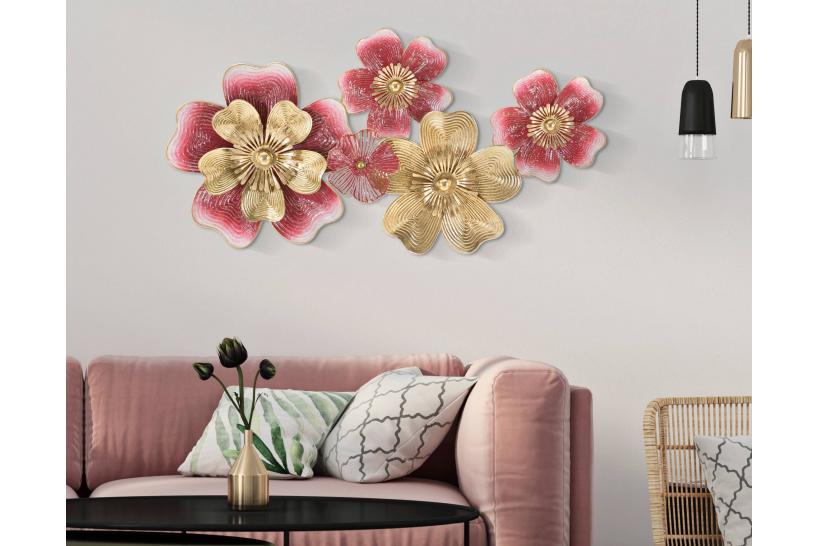 Pannello decorativo 3D da parete in metallo composto da fiori dorati e colorati