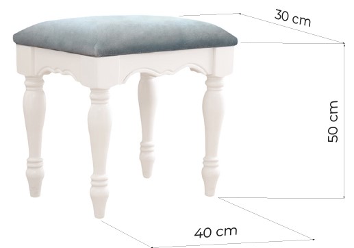 Sgabello basso legno bianco e velluto blu per tavolo trucco